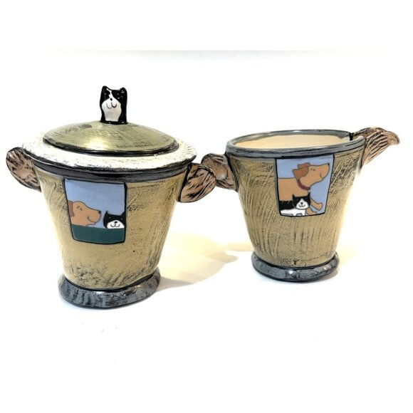 Whimsical Cat and Dog Studio Pottery Creamer and Sugar Lopsided Signed 2001 - Picture 1 of 14